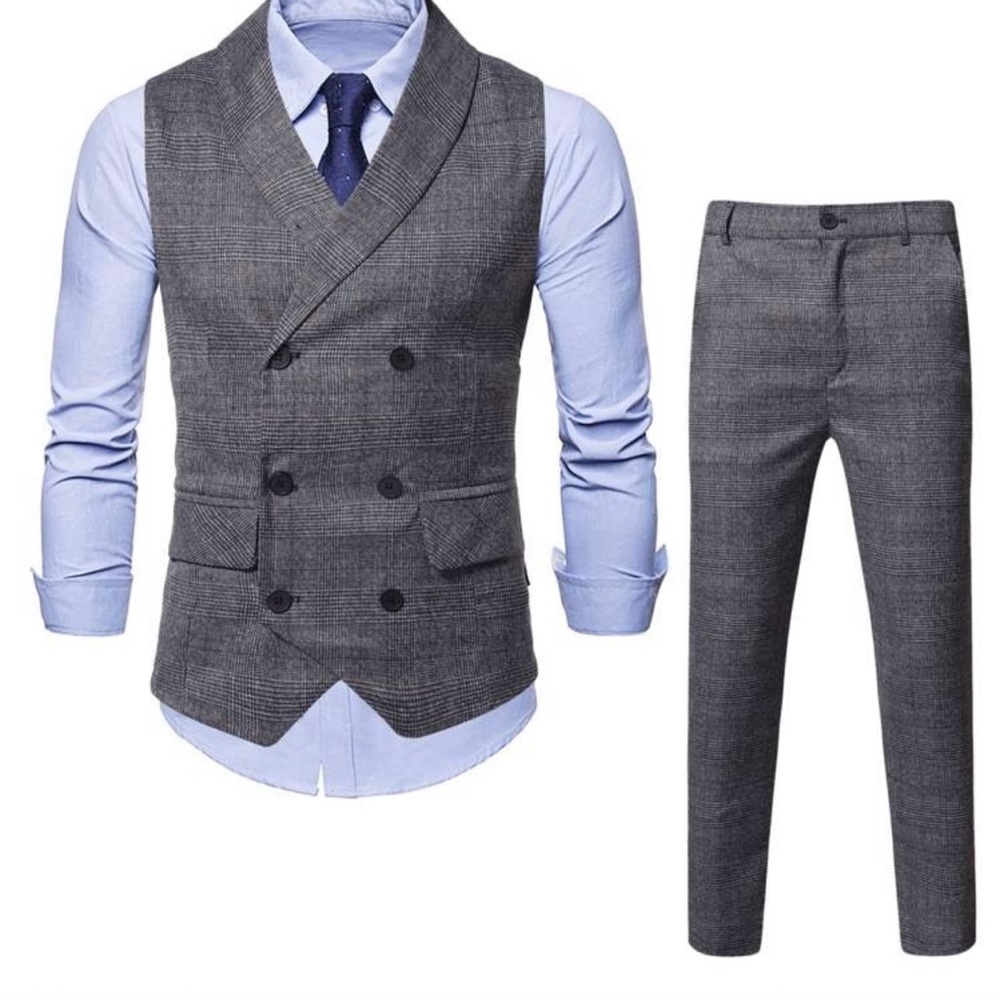 Men's Gray Double-Breasted Plaid Vest & Pants Set